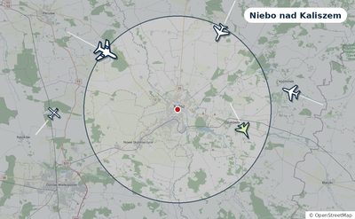 Mapa okolic miasta z sylwetkami samolotów — Niebo nad Kaliszem